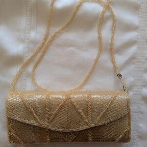 New Elegant Gold Satin Beaded Clutch Or Shoulder Bag